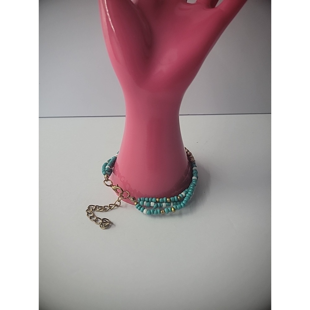 Vintage‎ Bracelet Beaded Blue White Multi Strand Gold Tone Jewelry Costume